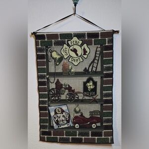Vintage Fire Dept Woven Tapestry Wall Hanging Bannerette Dalmatian Decor 17x25